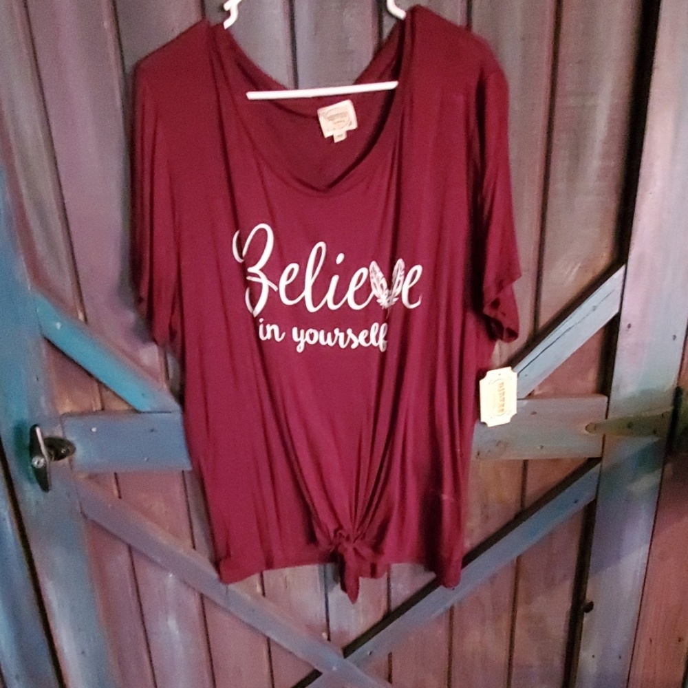 Believe Tee with feathers tie front